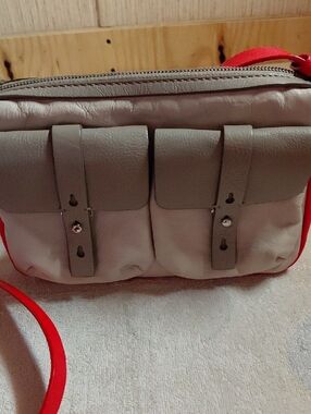 Marc By Marc Jacobs Cow Leather Crossbody, Gray And Red, Front Snap Pockets